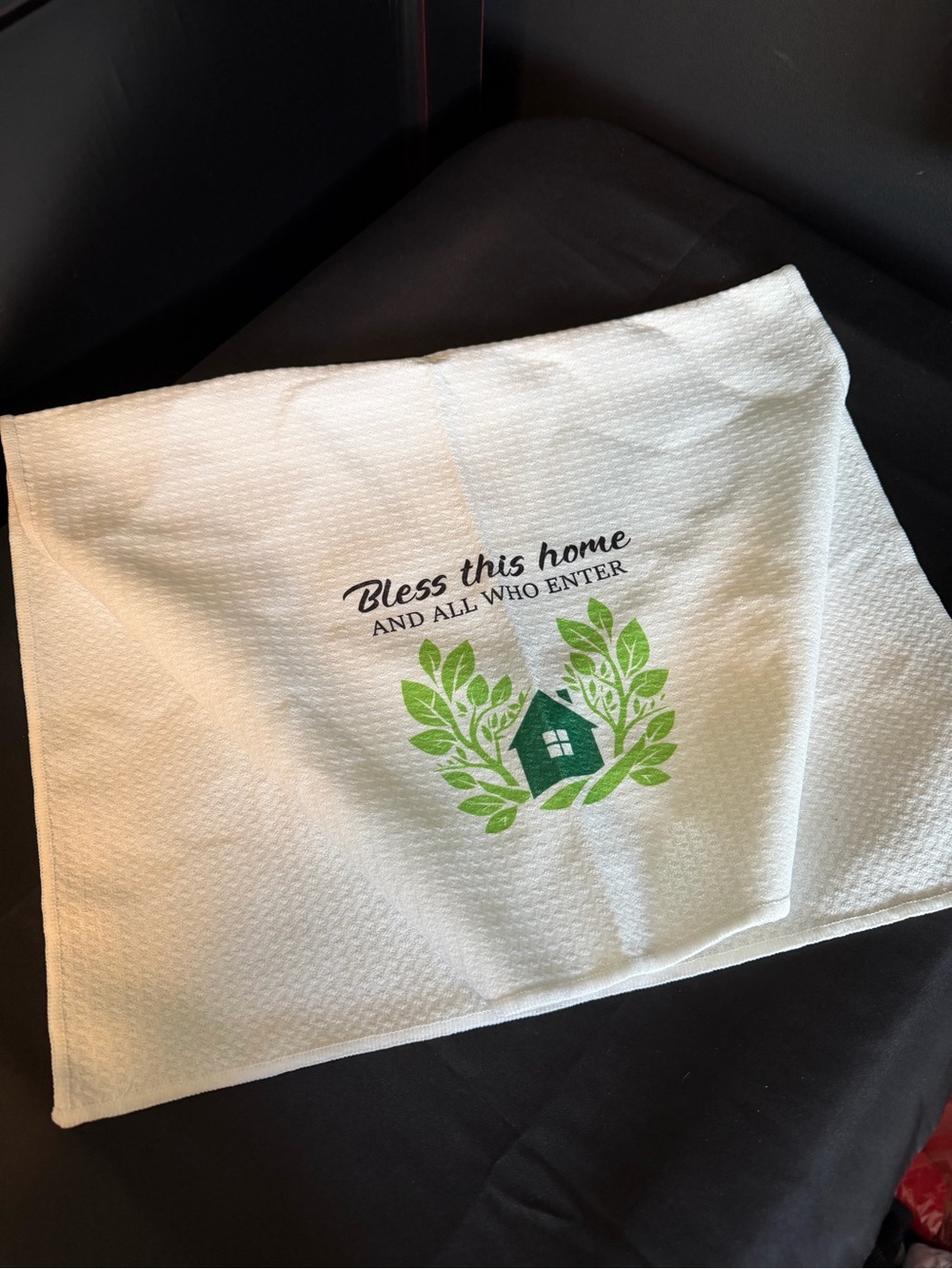 Bless This Home White Kitchen Towel with Green House Design. New